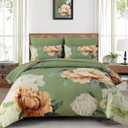 Dobuyly Queen Comforter Set 7 Piece Bed in a Bag, Olive Green Floral Comforter Set with Sheets, Soft Microfiber Botanical Flower Bedding Set for All Season