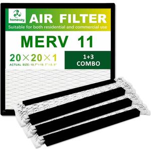20x20x1 Air Filter MERV 11: House Pleated HVAC AC Furnace Air Filters Replacement - Actual Size: 19.7x19.7x0.9 Inches - 3 Filters + 1 Frame