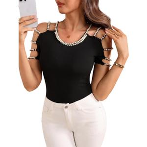 Women's Pearl Cold Shoulder T Shirt Cut Out Crew Neck Elegant Going Out Tops
