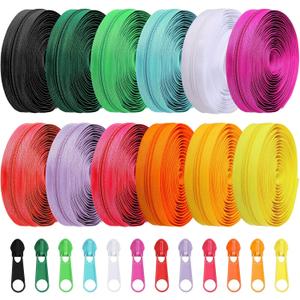 Syhood 36 Yards 12 Pieces #5 Sewing Zippers Tapes Assorted Nylon Lightweight with 120 Plastic Zipper Sliders for Women Men Sewing Supplies(Bright Color)