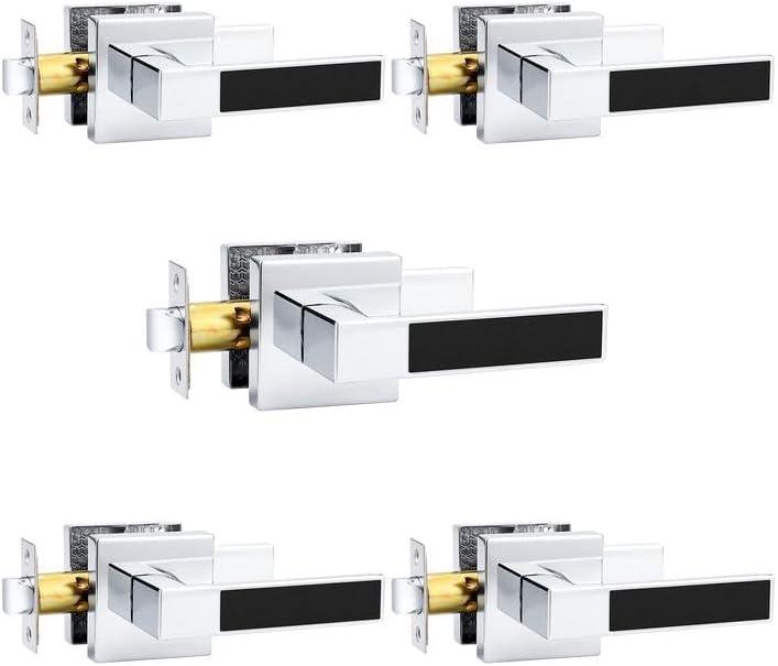 Probrico Heavy Duty Square Door Handle with Black Leather Hand Lever, Keyless Passage Interior Door Levers for Hallway or Closet, Polished Chrome, 5 Pack