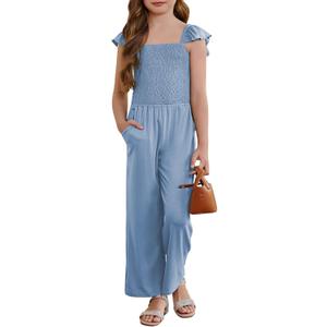 Girls Romper Summer Ruffle Sleeveless Wide Leg Jumpsuit (8-9 Years, Sky Blue)