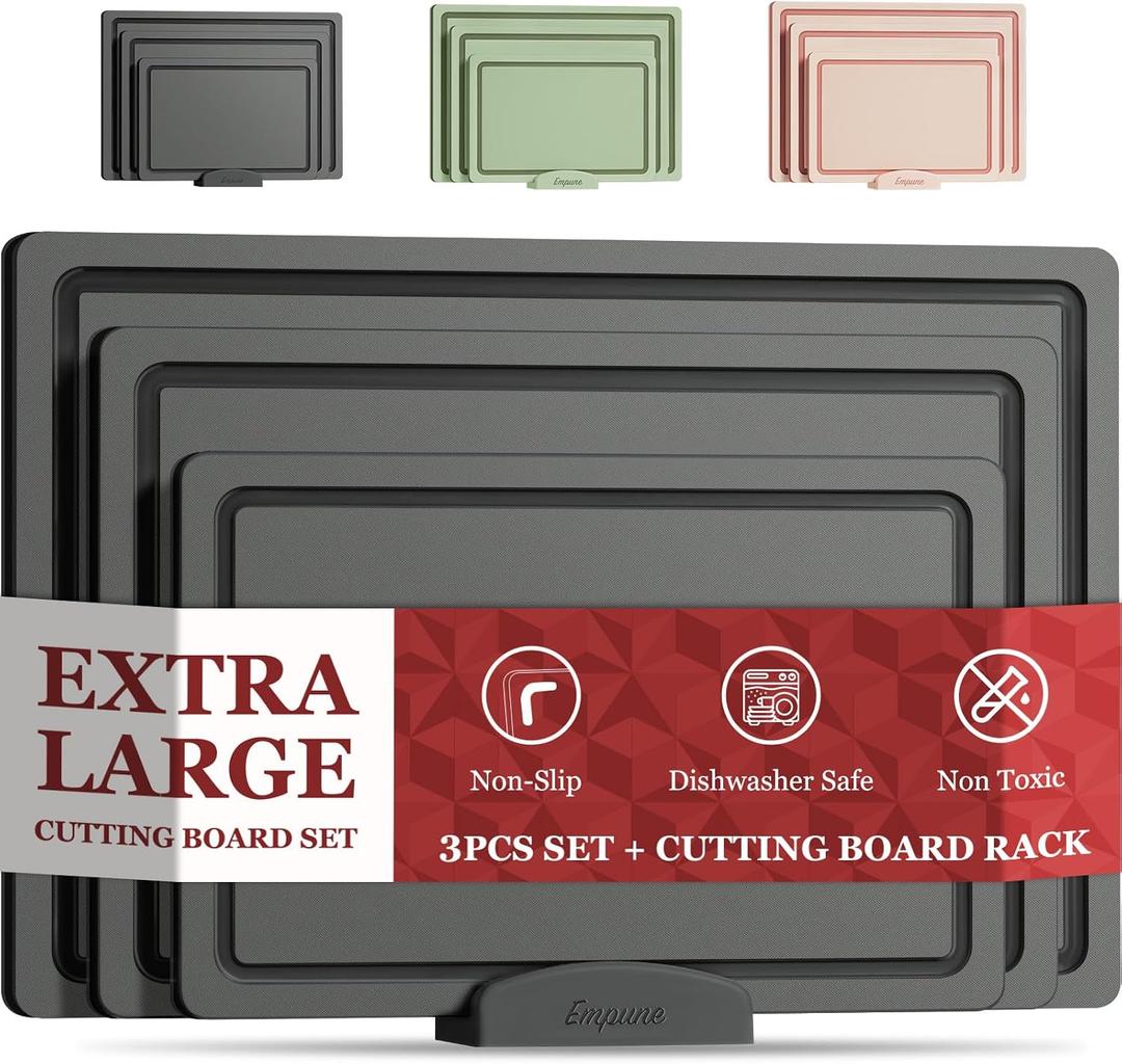 Empune Plastic Cutting Board Set, Recycled Plastic Cutting Boards for Kitchen (Set of 3), Dishwasher Safe Large Chopping Board with Holder, Non-slip Feet and Juice Grooves, Nonporous, Grey