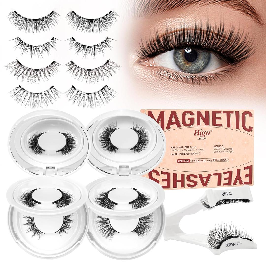 Higu clace Magnetic Eyelashes with Applicator 4 Pairs Magnetic Lashes Natural Look Wispy Magnet Lashes Easy to Wear and RemoveDJCX-A)