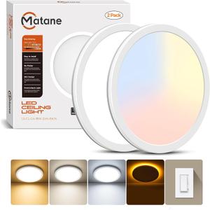 Matane 2Pack Dimmable Flush Mount Ceiling Light Fixture with Night Light, 18W 3000K/4000K/5000K Selectable, LED Low Profile Ceiling Lights for Kitchen Bedroom Hallway, 8.7inch White Round