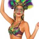 Halloween Carnival Mask Costume Accessory Set, Faux Feather Headpice Butterfly Diamond Face Stickers Headband Beads Necklace Earrings for Anniversary Carnival Festival Outfit Women