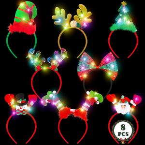 Lighting Up Christmas Headbands, Reindeer Antler Santa Hat Bow Hair Hoop for Xmas Party Favors Decorations