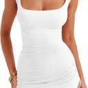 Womens Sexy Mini Sleeveless Dress Square Neck Backless High Side Slit Ruched Bodycon Cocktail Club Party Short Dresses (Small, White)