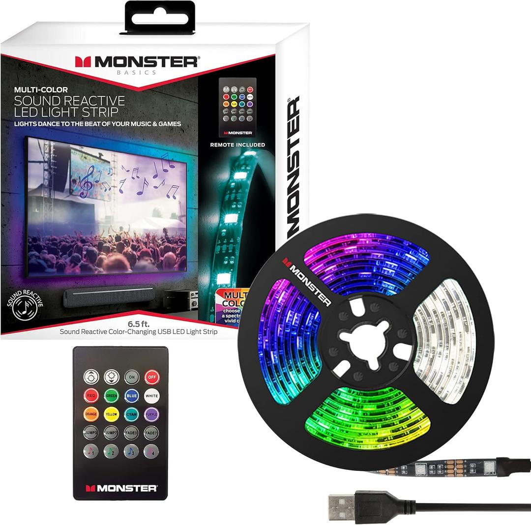 Monster 6.5 ft Multi-Color Sound Reactive LED Light Strip, Smooth Fit to Any Space, TVs, Computers, Kitchens, Bedrooms, Customizable Settings, Remote Control, USB-Powered, Easy DIY Installation