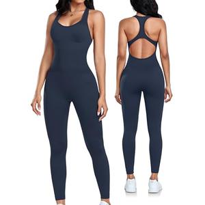 Womens Workout Jumpsuits Seamless Yoga Gym Bodycon Rompers Sexy Racerback Tummy Control Padded Bra Unitard - Navy S
