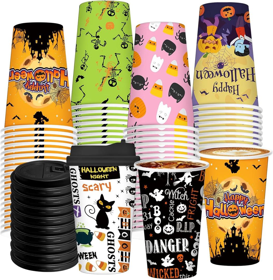 96 Pcs 48 Sets Halloween Disposable Coffee Cups 12oz Disposable Paper Cups with Lids,6 Halloween Styles for Coffee, Snacks, Hot and Cold Drinks, Trick or Treat Party Cosplay Party Decoration Supplies