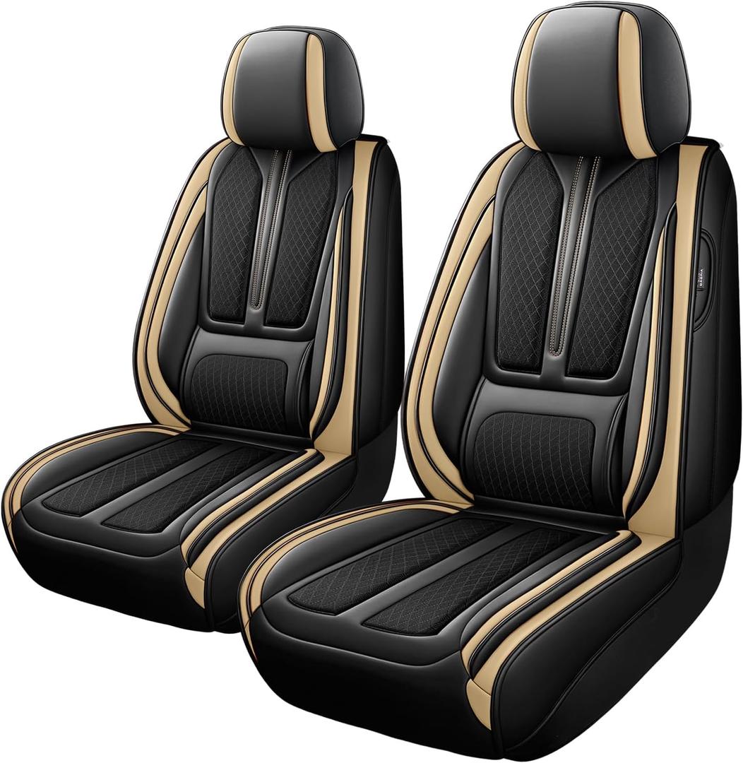 Seat Covers for Front Seat,Nappa Leather Car Seat Covers,Waterproof Universal Fit Car Seat Cushion,2 PCS Automotive Seat Protector for Most Sedans SUV Pick-Up Truck Sedans，Black&Beige