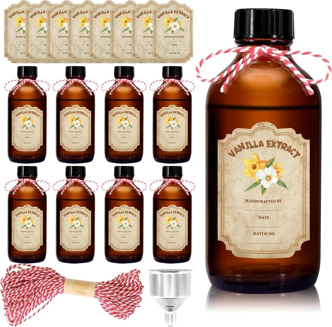 8 Pack 8 Ounce Amber Glass Bottle with Lids Vanilla Extract Homemade Brown Bottle 8 oz and 8 Pcs Vanilla Extract Stickers for Syrup Gift Glass Food Storage Canister Set Sauce Beans