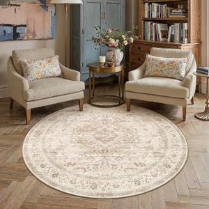 5R Beige Washable Vintage Round Rug for Living Room Bedroom Soft Tranditional Non Slip Throw Rug Lightweight Floral Low Pile Distressed Carpet Entrance Nursery Playroom Office Classroom
