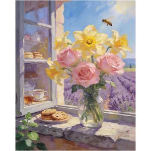 Lavender Garden Window with Pink Roses and Daffodils Paint by Numbers Kit for Adults, DIY Acrylic Painting, Beginner Wall Art, Floral Garden Art, Gift for Flower and Nature Lovers,12X16IN Framed
