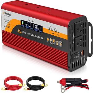 1000W Pure Sine Wave Inverter, 12V/24V Auto-Detect, 50Hz/60Hz Switchable, LCD Display, Type-C Fast Charging, Silent Design, Overload & Overheat Protection for RV, Home
