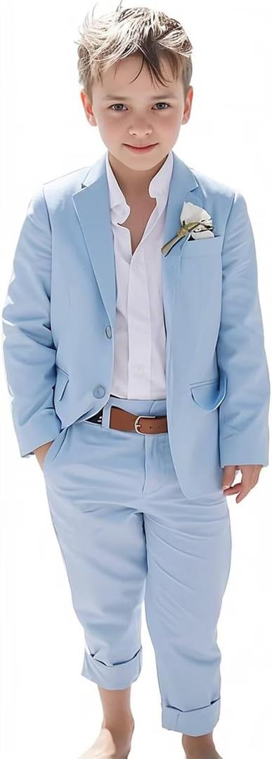Boys Linen Suits Beach Wedding Suit Summer Slim Fit 2 Piece Kids Lightweight Linen Suit Jacket Pant Set (18 Years, Sky Blue)