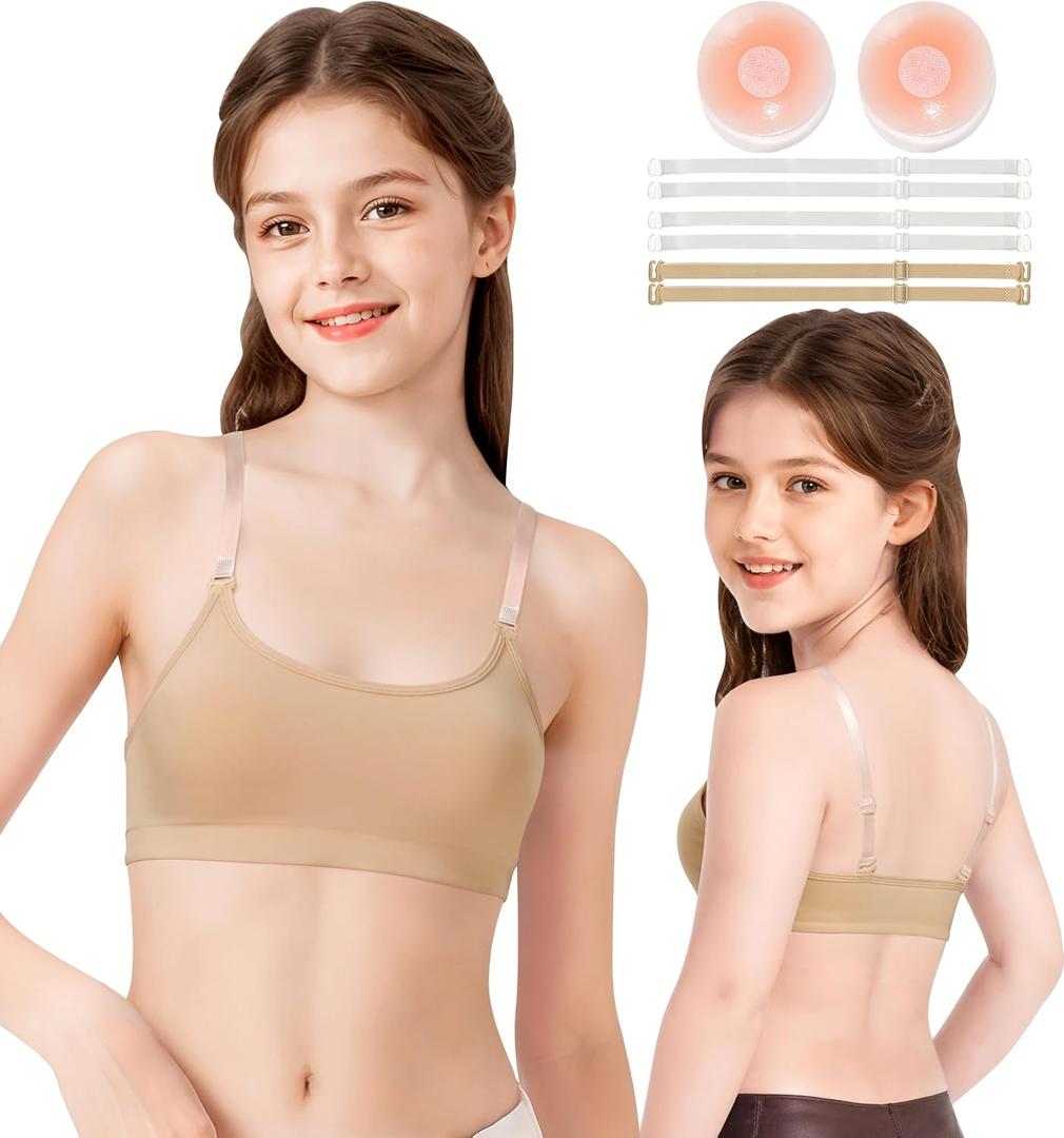 WYHDY Seamless Dance Bra for Teen Girls, Nude Training Bra with 2 Pairs of Clear Straps, Removable Silicone Pads,Sports (Beige) M