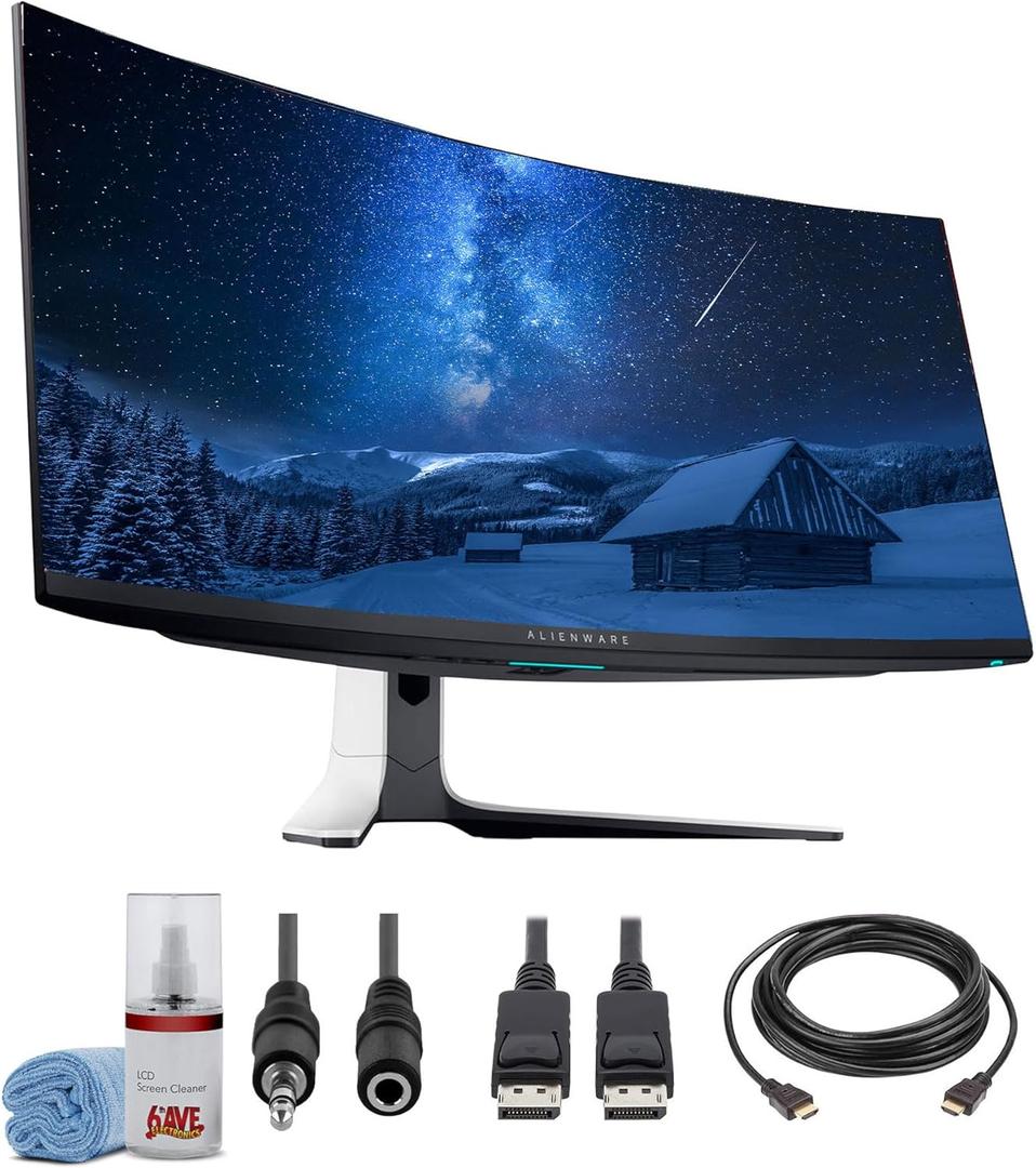 Dell Alienware AW3423DW 34.2 QD-OLED 1440p HDR 175Hz Curved Gaming Monitor (Lunar Light) | G-SYNC Ultimate UltraWide Display + DisplayPort Cable + Headphone Extender + HDMI Cable + Cleaning Kit