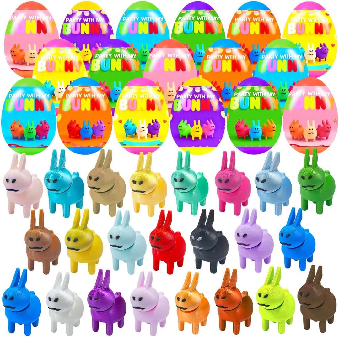 24 Pcs Easter Eggs with 3D Print Easter Bunny Prefilled Easter Eggs with Mini Toys Inside for Kids Girls Boys Easter Basket Stuffers Party Favors Easter Egg Fillers
