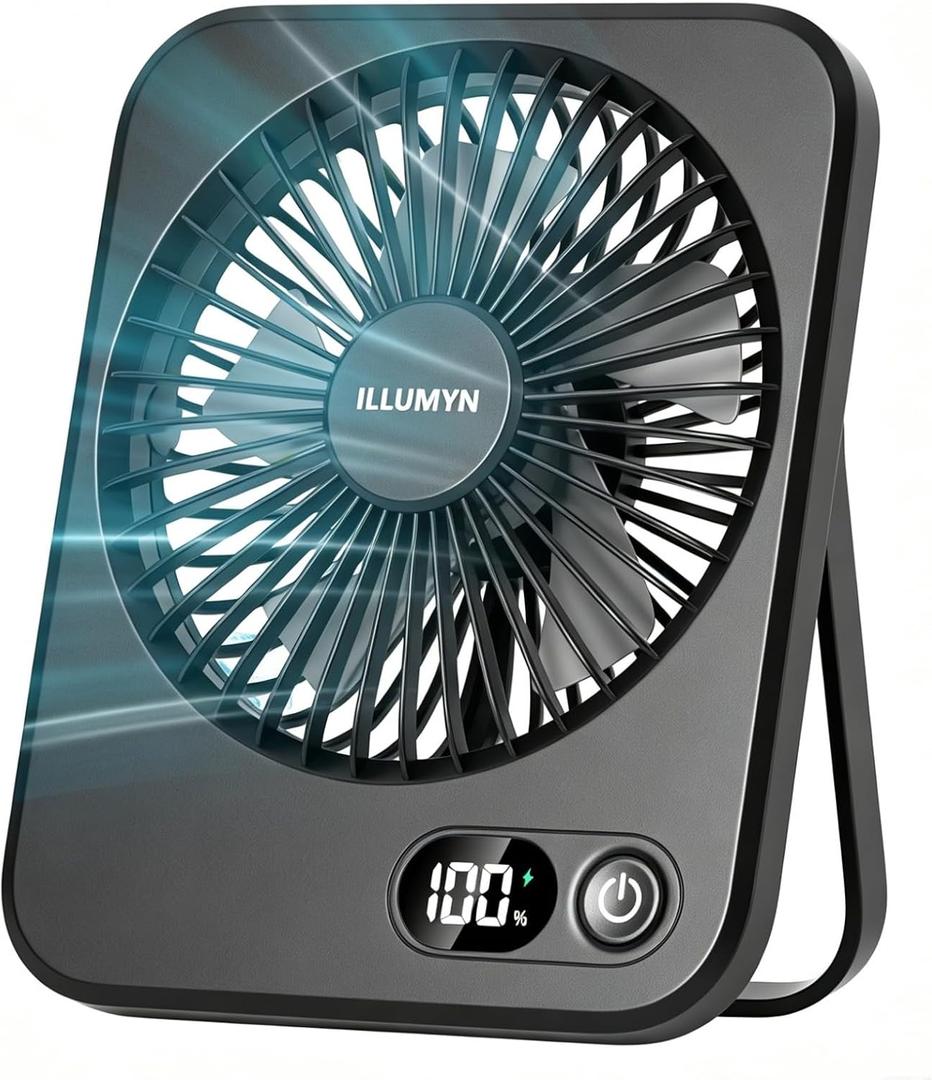 Desk Fan Rechargeable, Portable Battery Desk Fan for Office Bedroom Bedside, Ultra Silent USB Fan with Strong Airflow, Tilt Folding Fan for Travel, 5-Speed with 4000mAh Battery & LCD Display