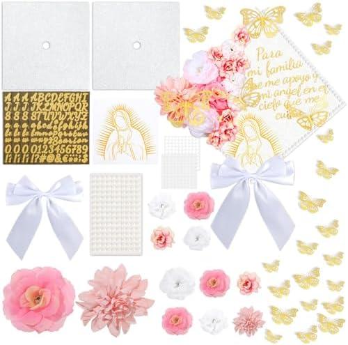 55 Pcs Virgin Mary DIY Graduation Cap Decorations Faux Assorted Pink Flowers Virgin Mary Sticker 3D Butterflies Bow Glitter Alphabet Letter Number Decal for DIY Hat Grad Cap Topper Grad Party Supplies