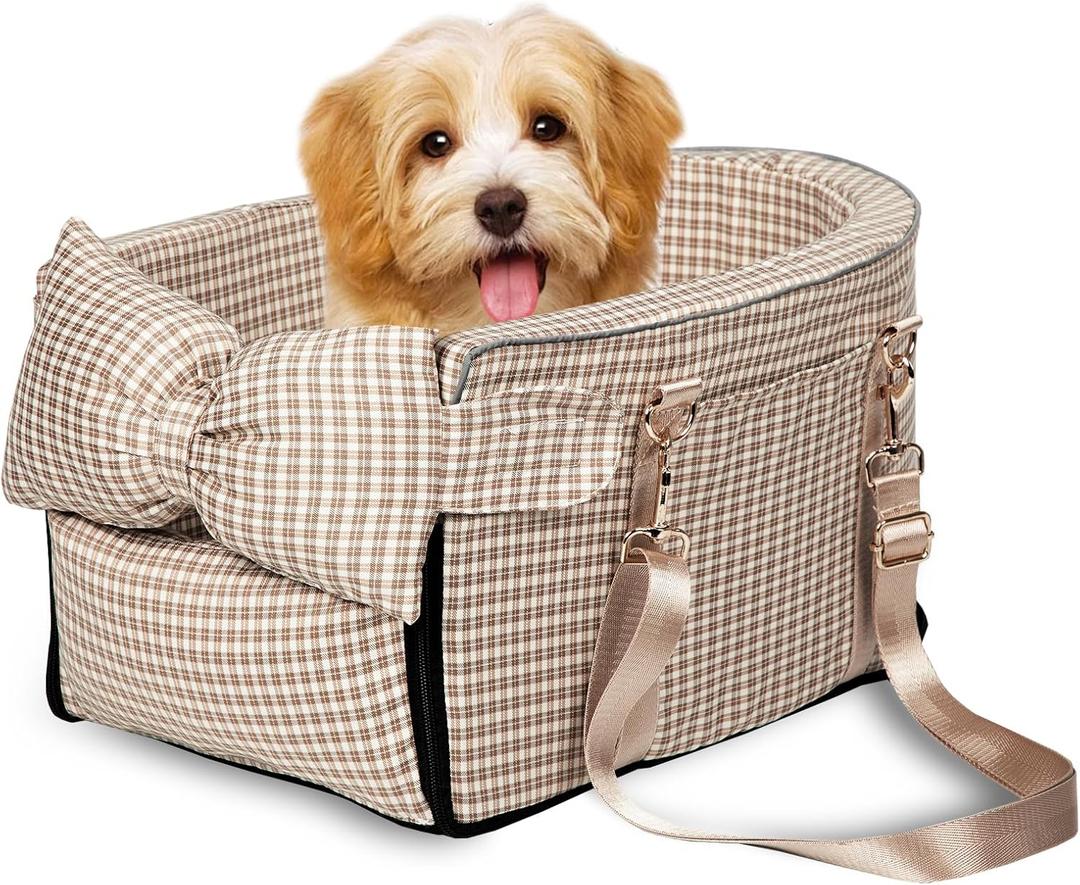 Prpeko Dog Car Seat for Small Dogs,Center Console Seat for Puppy,Anti-Collapse Pet Car Seat with Soft Cushion Safety Belt, Portable Car Armrest Seat for Dog & Cat Under 15 lbs (Grid-Brown)