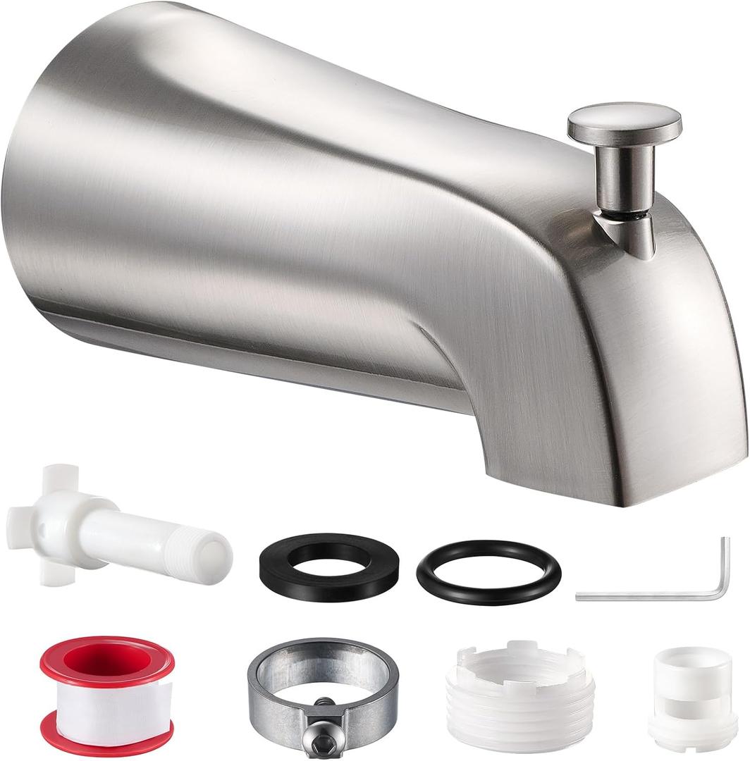 Universal Bathtub Tub Spout with Diverter, Fits 1/2" Slip-Fit Copper Pipe and 1/2" IPS & 3/4" IPS Thread Connections,Bathroom Tub Faucet Replacement with Adapters,PTFE Tape &Hex Wrench(Brushed Nickel)