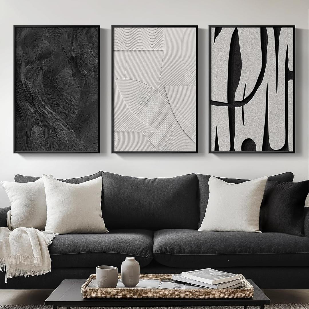 Framed Black and White Abstract Wall Art, 3 Piece Modern Canvas Prints Paintings Art for Walls, Minimalist Black White Abstract Pictures for Living Room Bedroom Dining Room Office Wall Decor 16x24 In