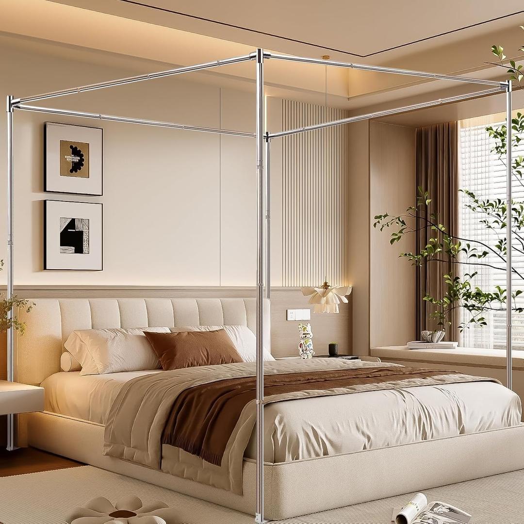 Stainless Steel Canopy Bed Frame Queen Size, Thicken Queen Size Canopy Frame for Metal Bed Wood Bed Bedroom Decor