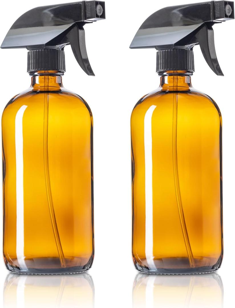 16oz Amber Glass Spray Bottles for DIY Essential Oil Cleaning Solutions, Household, Pets, Plants, 2 Pack