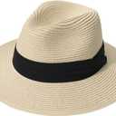 Lanzom Women Wide Brim Straw Panama Roll up Hat Fedora Beach Sun Hat UPF50+ (One Size-Medium, 01-fold Belt Khaki)