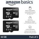 Amazon Basics microSDXC Memory Card with Full Size Adapter, A2, U3, Read Speed up to 100 MB/s, 64GB, Black (2pack)