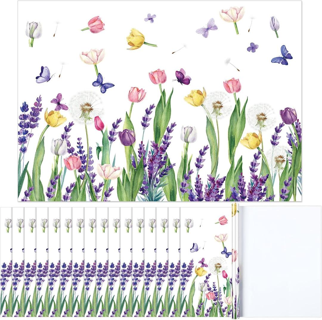Fulmoon 50 Pcs Lavender Placemats Set 12'' x 16'' Easter Flower Paper Place Mats Decorative Tulip Flower Butterfly Placemats for Summer Spring Dining Table Decor(Lavender Tulip)