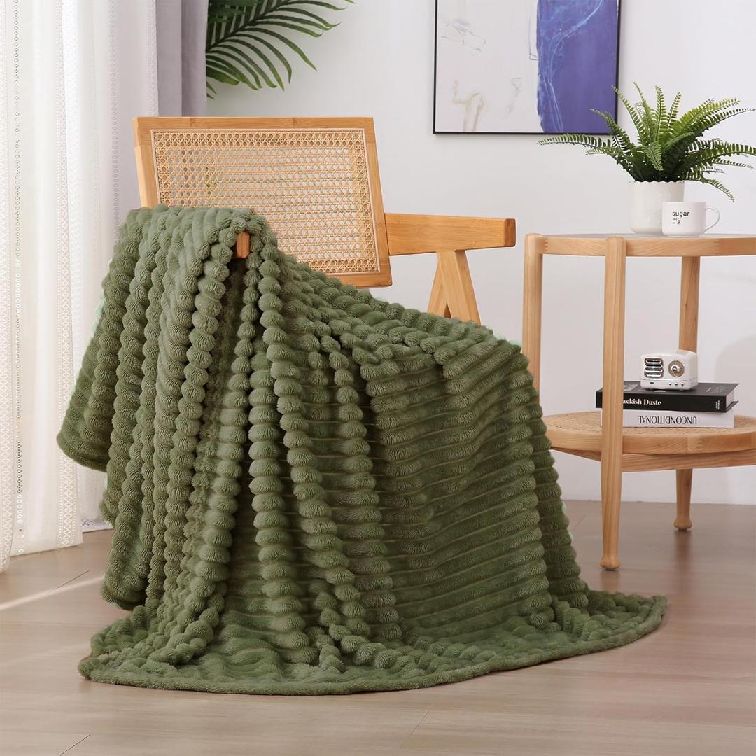 Olive Green Fleece Throw Blanket 50"x60" for Couch Sofa Bed, Super Soft Cozy Plush Microfiber Flannel Blanket with Stripes Design, Lightweight for Adults, Women, Girls