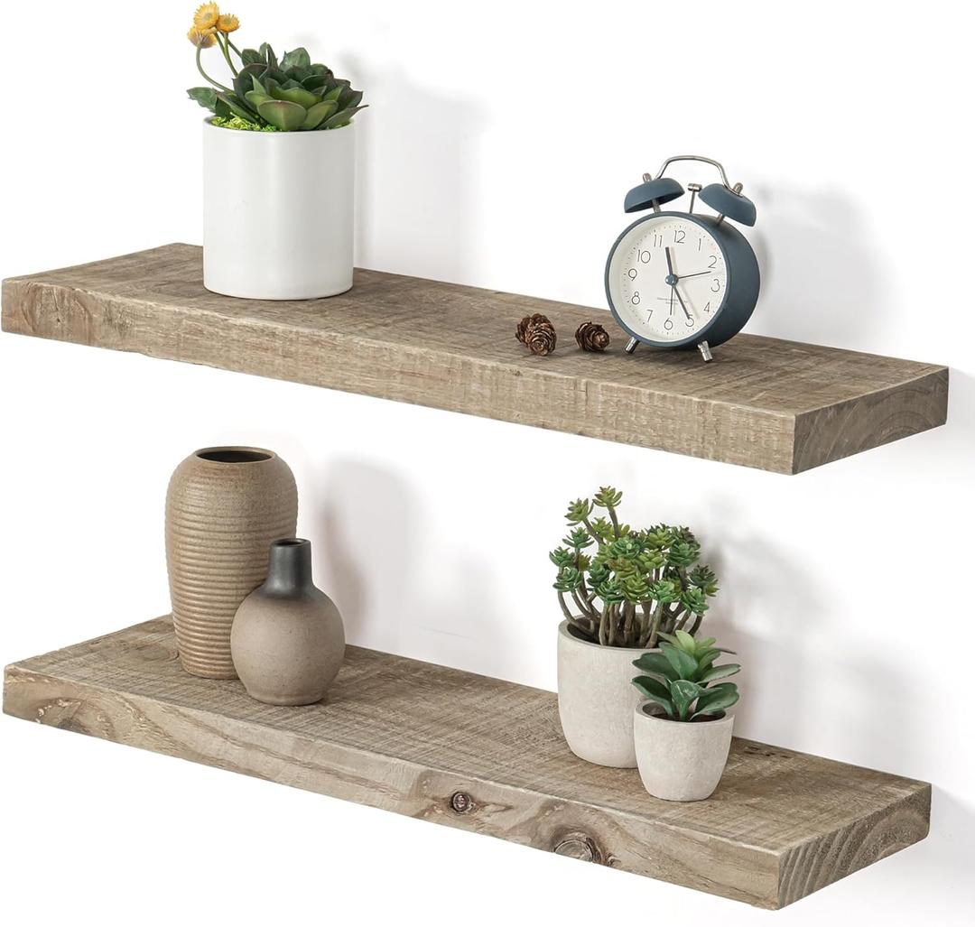 Dreamland Floating Shelves for Wall, Solid Rustic Reclaimed Wood Shelf 7.5 Inch Deep for Storage, Wall Mounted Display Shelving with Invisible Heavy-Duty Metal Bracket, 24 Inch Width Set of 2, Grey