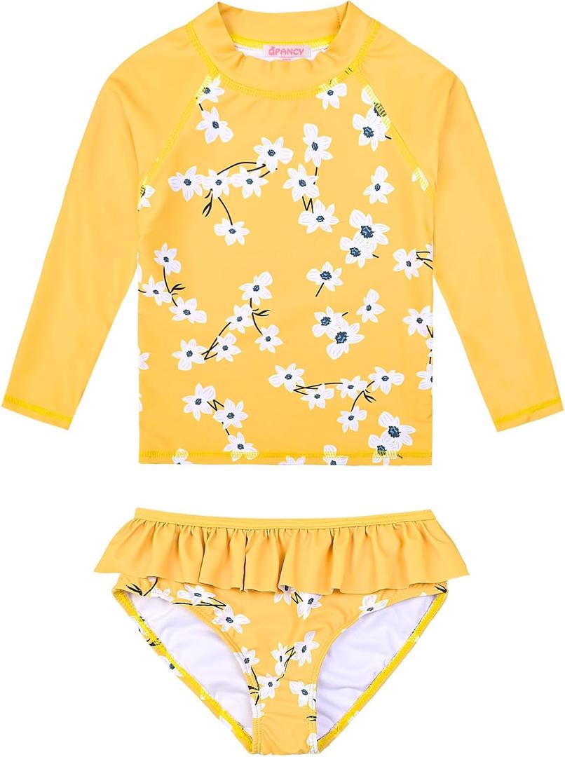 Little Girls Rash Gard Two-Piece Swimsuit Girls Long Sleeve Bathing Suit UPF 50+ Sun Protection Crushed Flower, Size 6/7