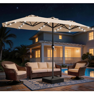 AreShark 15FT Outdoor Patio Umbrella with Crank, Large Rectangular Market Umbrella, Double-Sided Outdoor Umbrellas with Cross Base & Sandbag for Porch, Lawn, Pool, Backyard, Beige