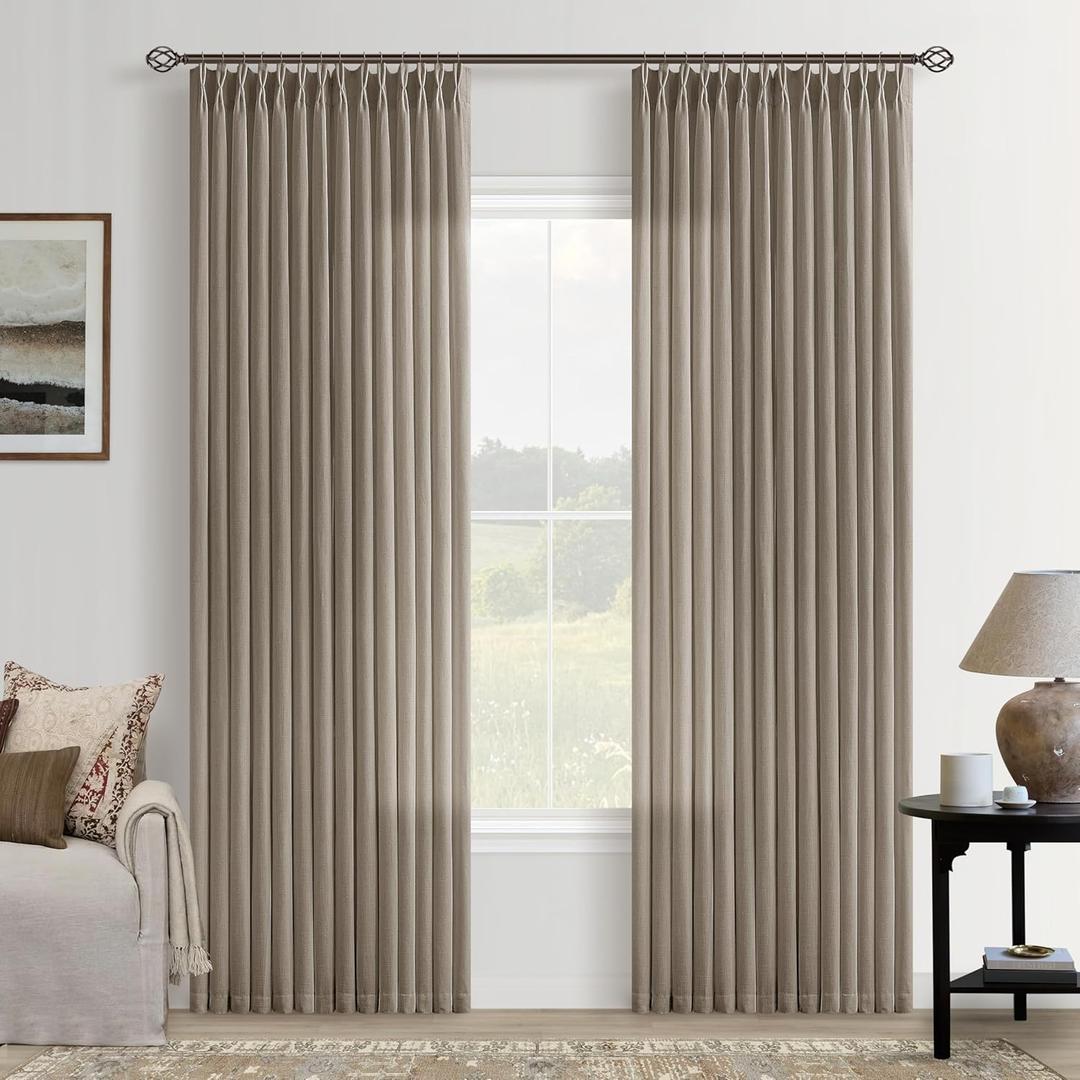 Taupe Linen Curtains Pinch Pleated 84 Inch Length for Living Room Bedroom 2 Panels Neutral Farmhouse Burlap Light Filtering Pinch Pleat Drapes Semi Sheer Dark Flax Window Curtain Grey Beige Greige
