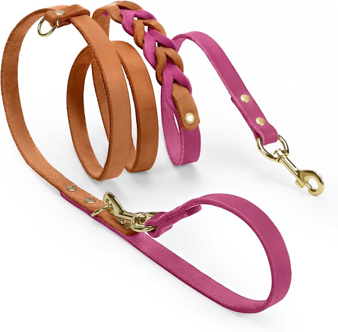 MIDOG Hands Free Dog Leash,Leather Dog Leash for Small Medium Dogs 6Ft, Adjustable Waist, Strong Genuine Braided Leather, Soft & Comfortable for Running, Walking, Training (Pink M) (M: 6.5ft x 0.5inch)