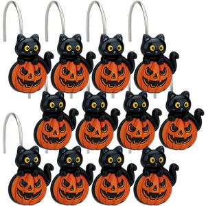 Halloween Shower Curtain Hooks Set of 12  Black Cat on Pumpkin Design  Durable Resin Bathroom Decor Hooks for Halloween Party, Kids & Holiday Theme