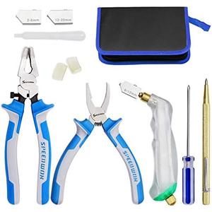SPEEDWOX Heavy Duty Glass Running Pliers Breaker Grozer Pliers Set 12PCS Glass Cutting Tool Kit Oil Feed Glass Cutter with 3 Size Cutter Head Oil Dropper Screwdriver Engraved Pen Leather Zipper Bag