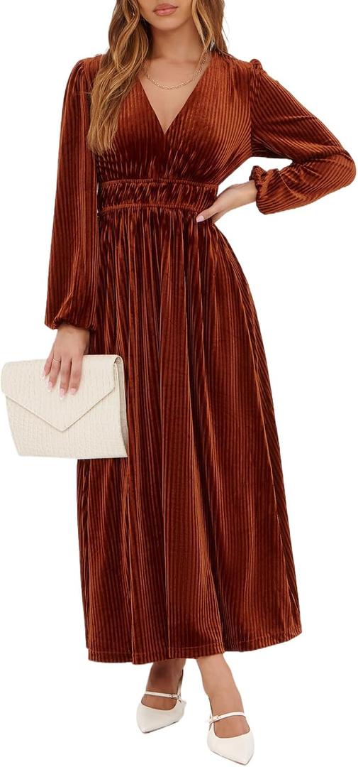 Sissyaki Women's Long Sleeve Velvet Dresses Fall Winter Long Dress Wedding Guest Party Maxi Dress (XL)