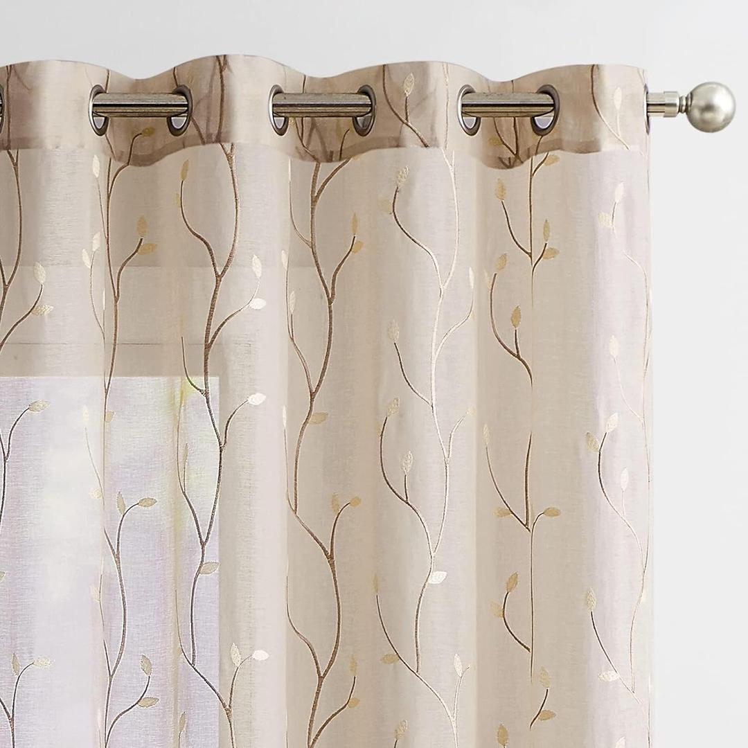 jinchan Beige Boho Sheer Linen Curtains for Bedroom 96 Inch Length Floral Embroidered Semi Sheer Privacy Drapes for Living Room Embroidery Voile Transparent Grommet Window Treatments 2 Panels