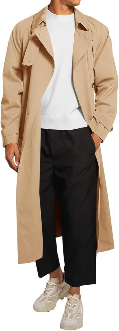 Runcati Mens Trench Coat Double Breasted Belted Windbreaker Jackets Lapel Lightweight Long Jacket Casual Overcoat (Beige)