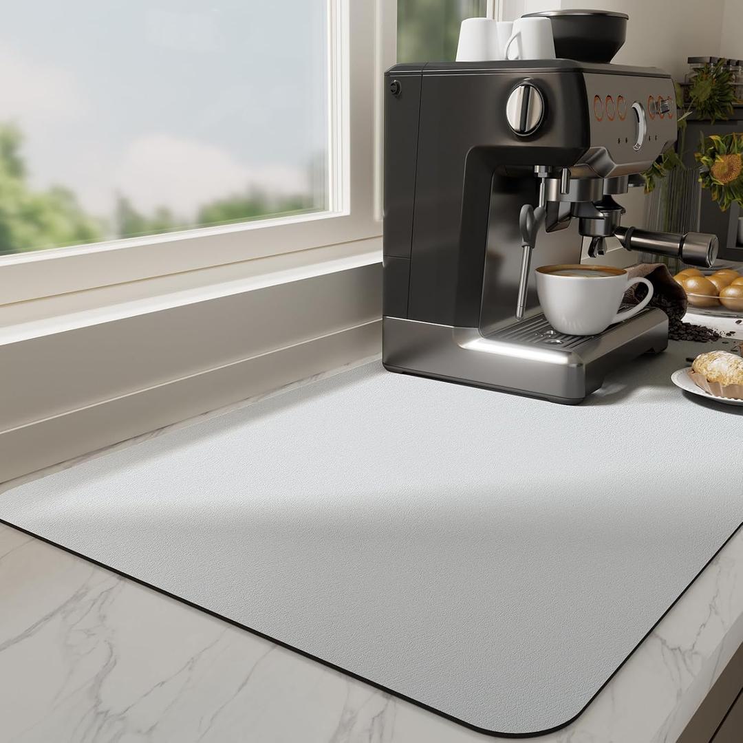 Ecotrim Absorbent Coffee Mat , Stain Hiding PU Leather Surface, Non-Slip Natural Rubber Backing, Quick Dry Mat for Espresso Machine, Kitchen Counter ,Light Grey | 12" x 19"