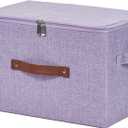 Storage Bins with Zipper Lid Cotton Linen Fabric Lidded Storage Baskets Boxes Foldable Washable Closet Shelf Clothes Organizer Container with PU Leather Handles (Purple, Large)