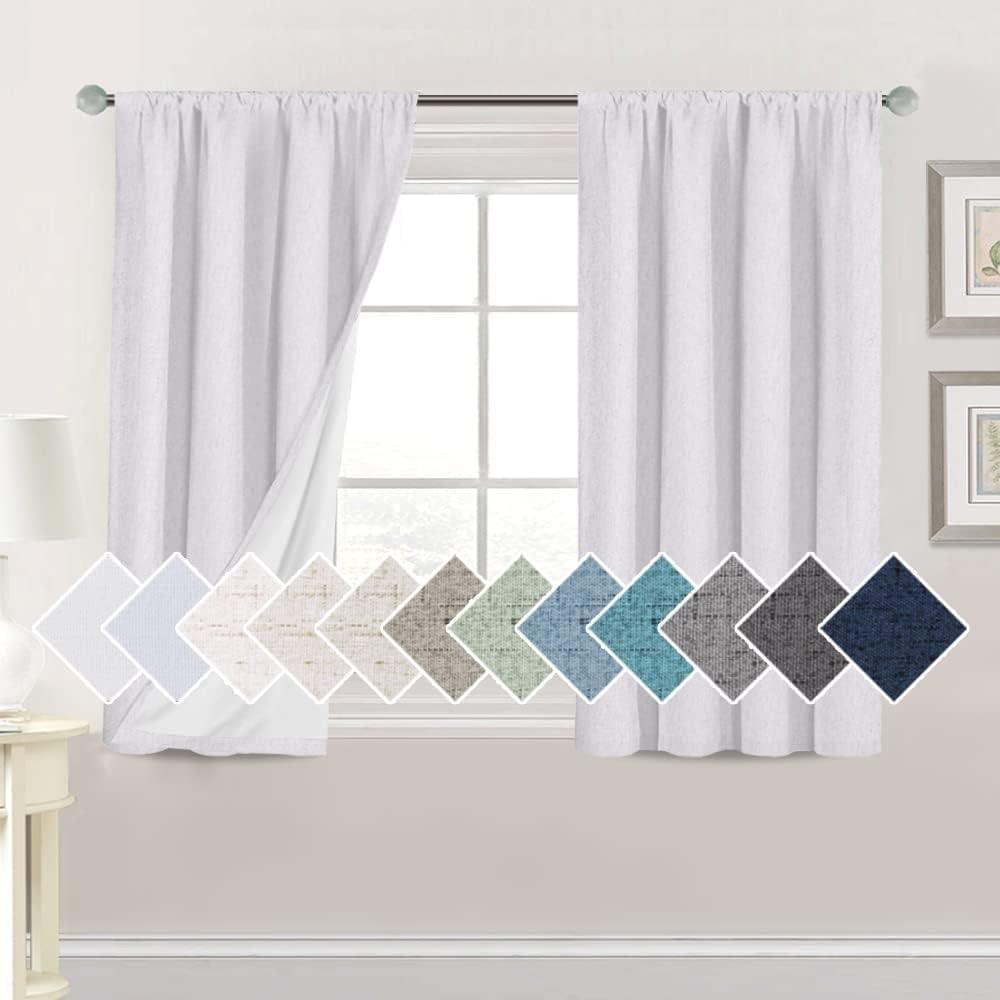 H.VERSAILTEX Linen Look 100% Blackout Curtains 45 Inches Long for Bedroom Rod Pocket 42 Inches Wide Linen Textured Thick Window Curtain Drapes with White Backing, Bright White, 2 Panels