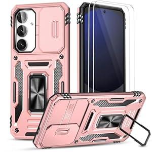 Ezanmull for Samsung Galaxy S24 FE Case with Slide Camera Cover + Screen Protector(2 Packs), Rotated Ring Kickstand Military Grade Shockproof Protective Cover for Samsung Galaxy S24 FE 