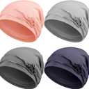 Geyoga 4 Pcs Women Slouchy Beanie Flower Chemo Hats Turban Headwear for Cancer Caps Soft Headcovers Head wrap (Navy, Dark Gray, Light Gray, Pink)